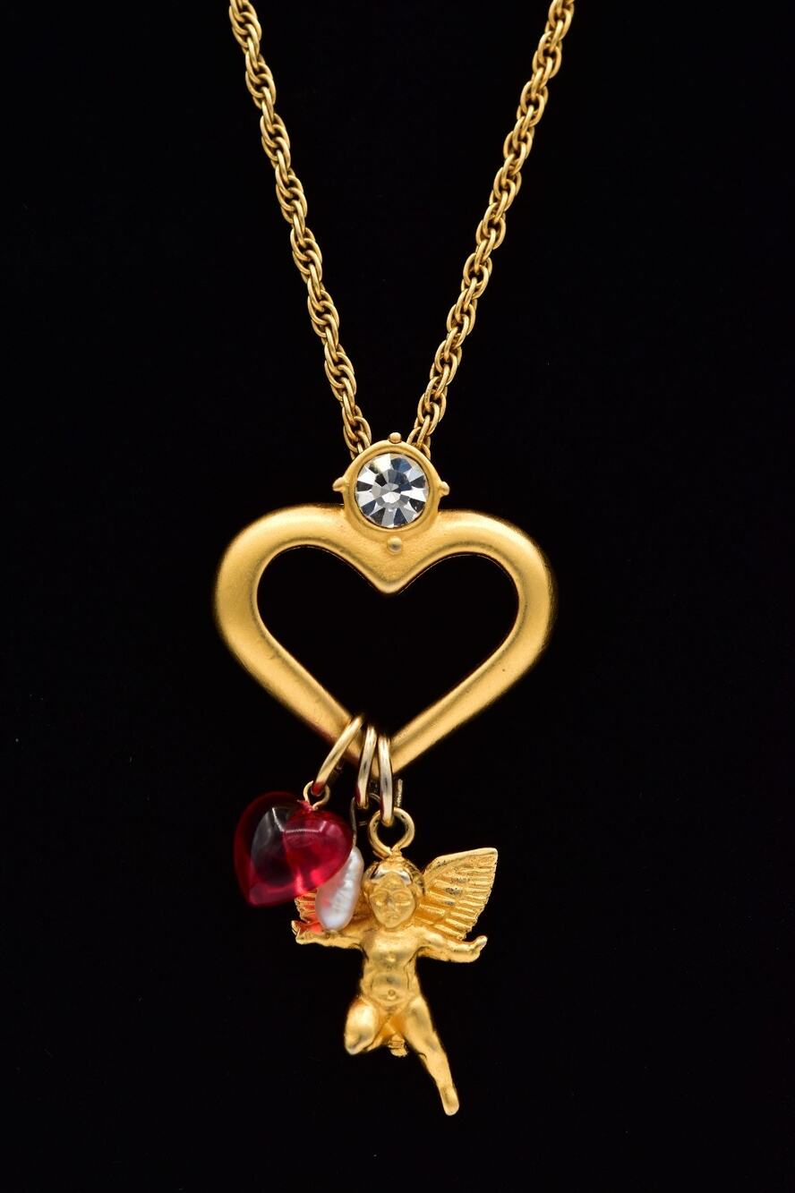 Givenchy Vintage Heart Angel Cherub Charm Necklace Crystal Red Gold Signed BinBL